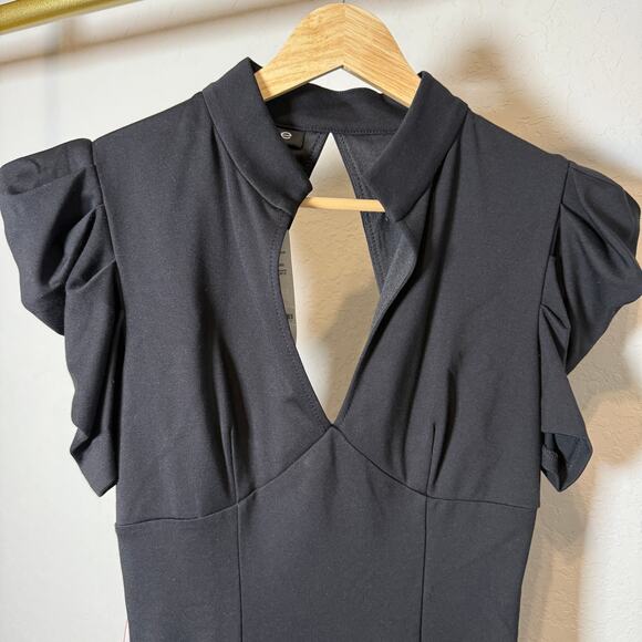 Women's Bebe Black Ruffle Sleeve Keyhole Back Sheath Dress Size XS NEW - Picture 9 of 10